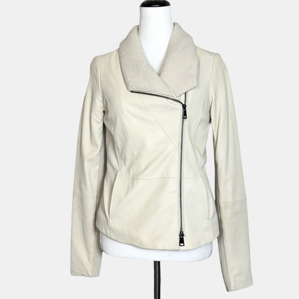 Vince Jacket Womens Medium Cream Goat Leather Asymmetrical Zip Moto Biker Luxury